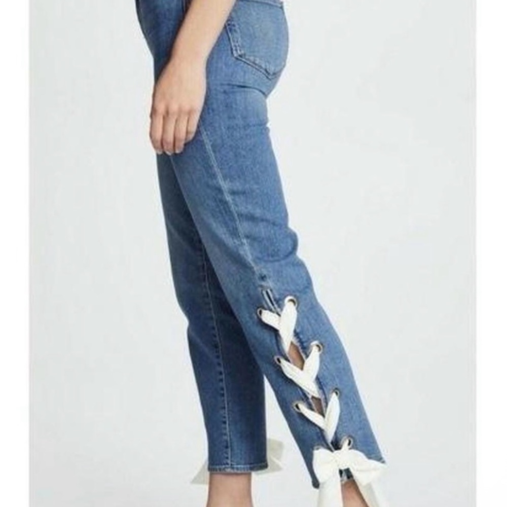PAIGE Blue Cropped Jeans with White Lace-Up